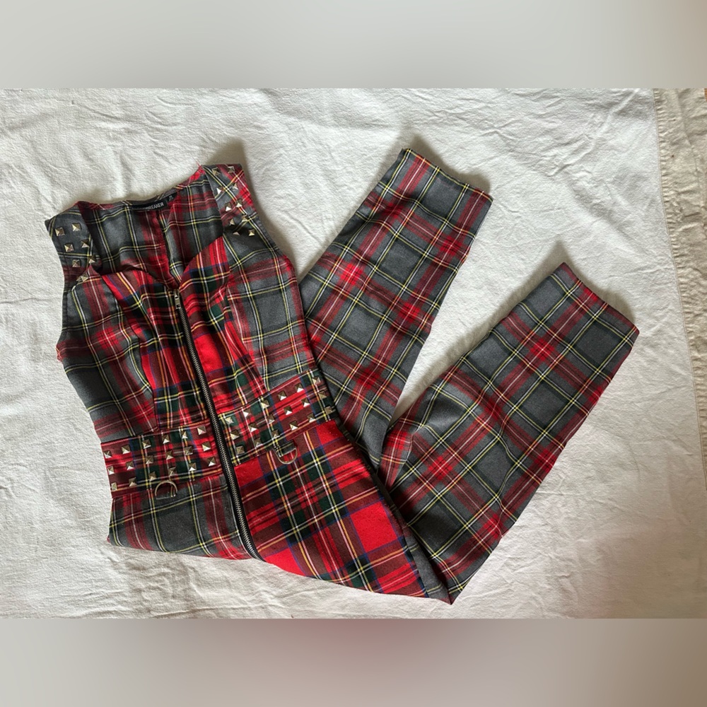jawbreaker Plaid Red & Gray Studded Jumpsuit
